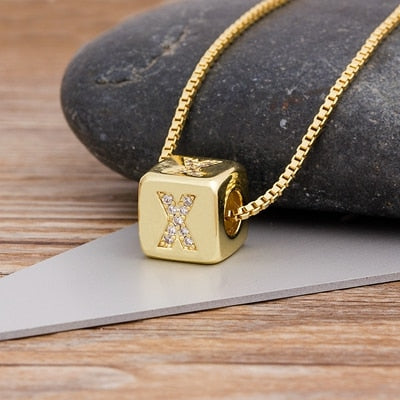 A-Z Initials Micro Pave Copper CZ Cube Letter Pendant Necklaces