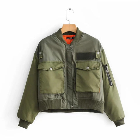 stylish lady green short jackets fashion long sleeve zipper bomber jacket