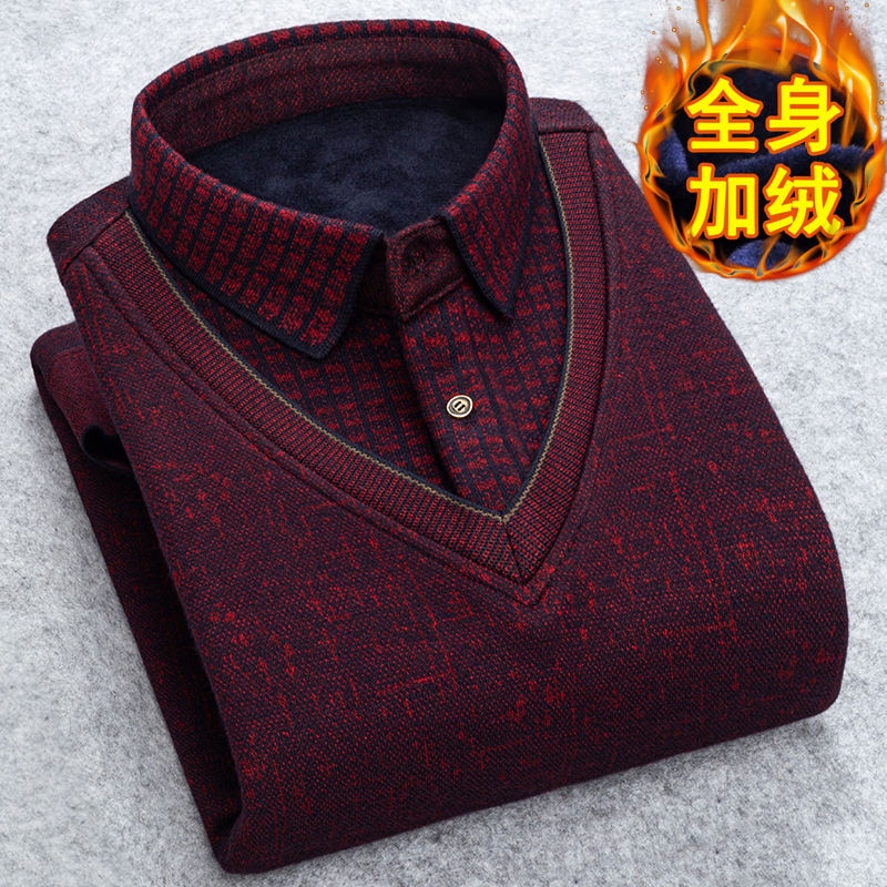 Man Fleece Shirt-collar Sweater Fashion Grid Solid Thicken Warm Sweater