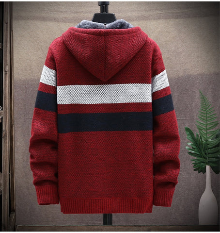 Winter Fleece Warm Sweater Men Hooded Cardigan Striped Slim Sweaters