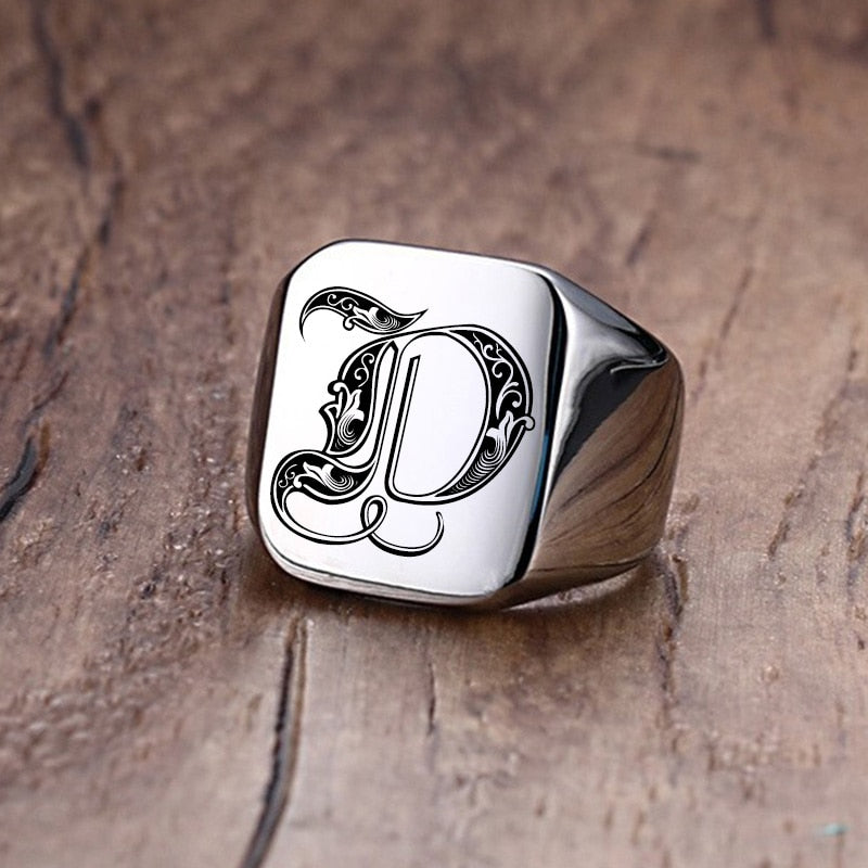 Retro Initials Signet Ring for Men 18mm Bulky Heavy Stamp Male Band Stainless Steel Letters Custom