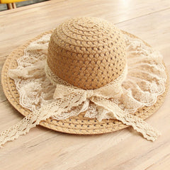 Women Lace Sun Hats For  Wide Brim Straw Beach Side Cap Floppy
