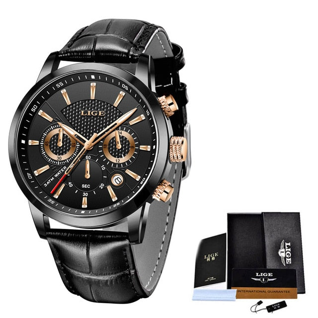 Mens Watches LIGE Top Brand Leather Chronograph Waterproof Sport