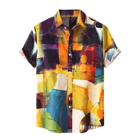 Men Shirt Ethnic Printed Shirts Summer Retro Vintage Streetwear Short Sleeves