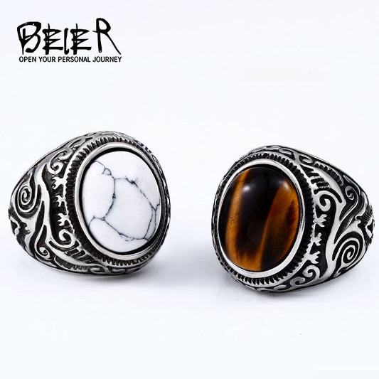 Vintage Oval Stones Ring in Stainless Steel Jewelry Mens Accessories