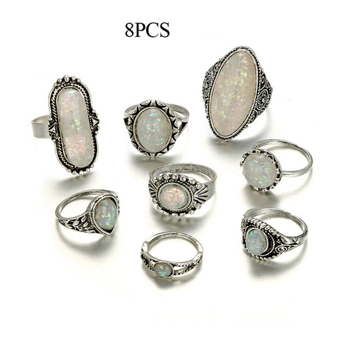 Vintage Antique Silver Color Rings Sets Colorful Opal Crystal Stone Carve