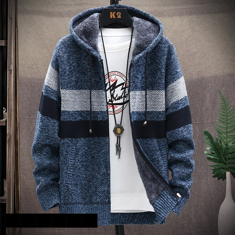 Winter Fleece Warm Sweater Men Hooded Cardigan Striped Slim Sweaters