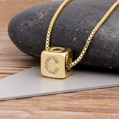 A-Z Initials Micro Pave Copper CZ Cube Letter Pendant Necklaces