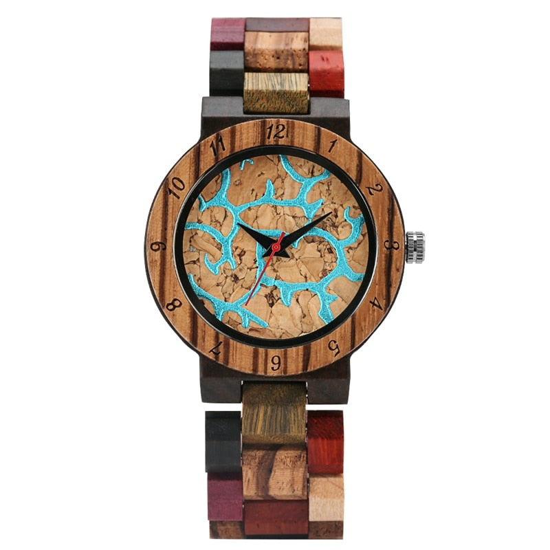 Irregular Blue Lines Watch Women Fashion Wooden Watch Vintage