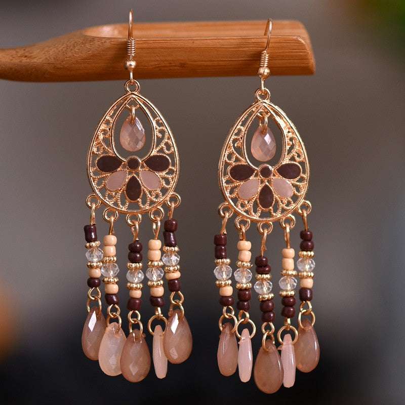 Bohemian Antique Gold Plated Long Water Drop Tassel Earrings