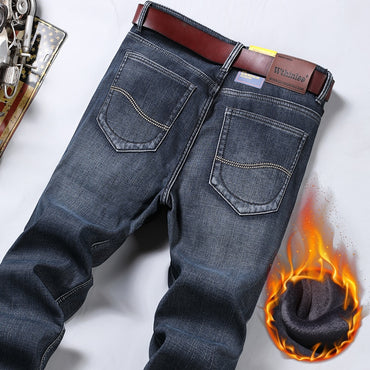 Classic MenRegular Fit Fleece Jeans Business Fashion Loose Casual
