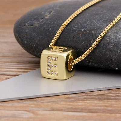 A-Z Initials Micro Pave Copper CZ Cube Letter Pendant Necklaces