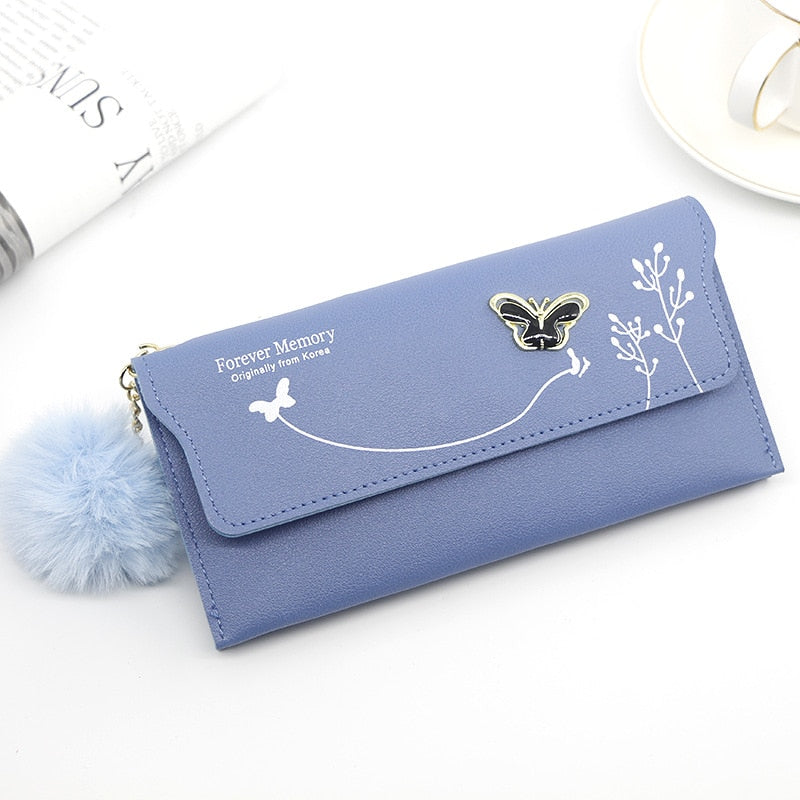 Long Wallets Pure Color Wool Ball Bow Clutch Bag