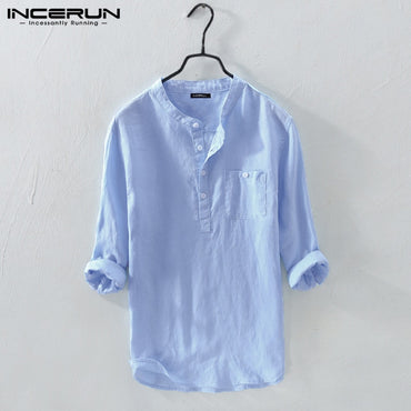 Men Shirt Cotton 3/4 Sleeve Stand Collar Harajuku Tops Solid Color