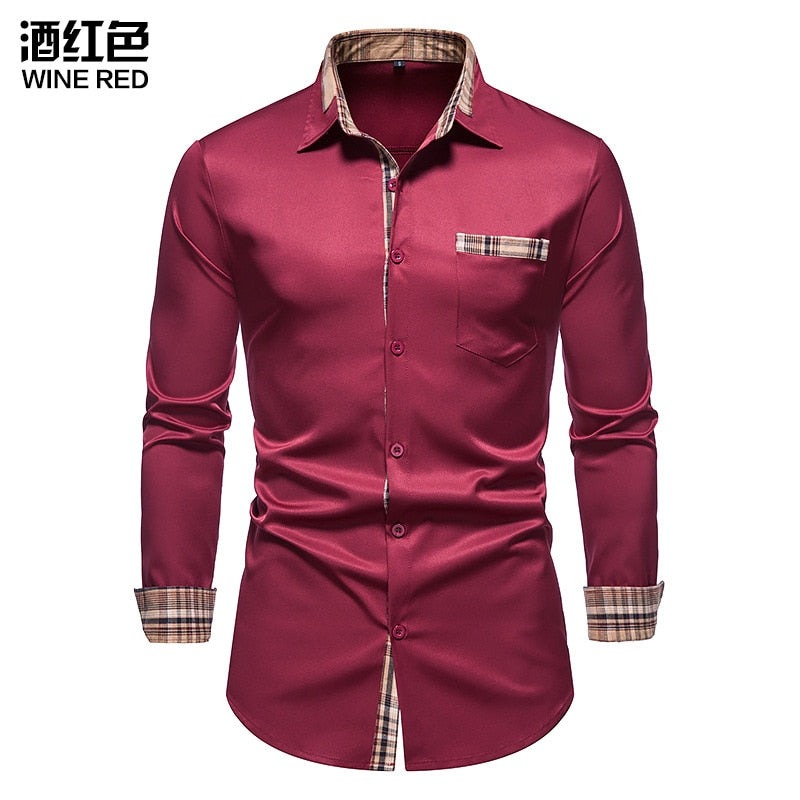 Plaid Patchwork Formal Shirts for Men Slim Long Sleeve White Button Up Shirt Dress