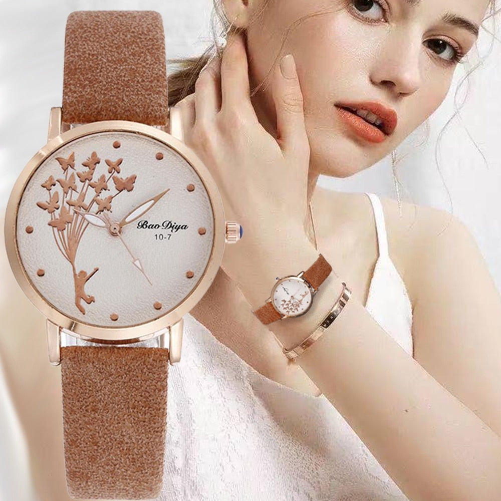 Fashion Butterfly Women Watches Simple Brown Quartz