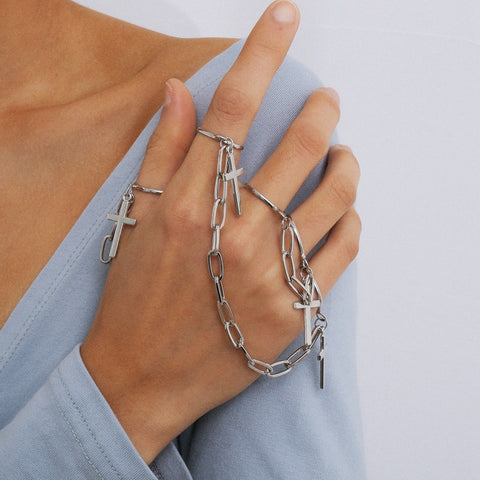 Men Punk Silver Color Plated Cross Chain Ring Adjustable Jewelry