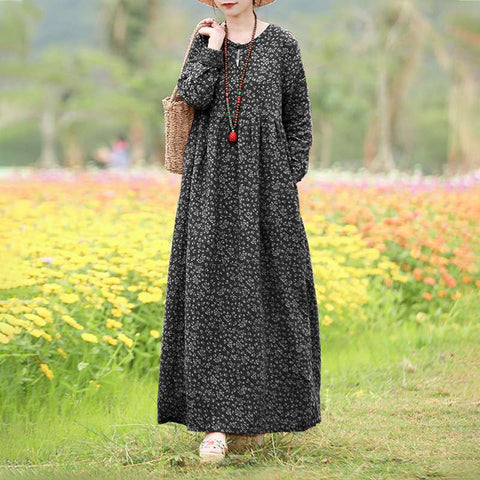 Vintage Women Printed Dress Sundress Casual Long Sleeve Maxi