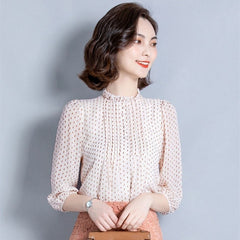 Women Style Chiffon Blouses Shirts Lady Casual Long Sleeve O-Neck Polka Dot