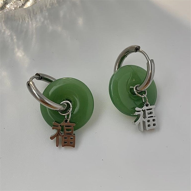 Unique Green Jade Round Stainless Steel Hoop Earrings