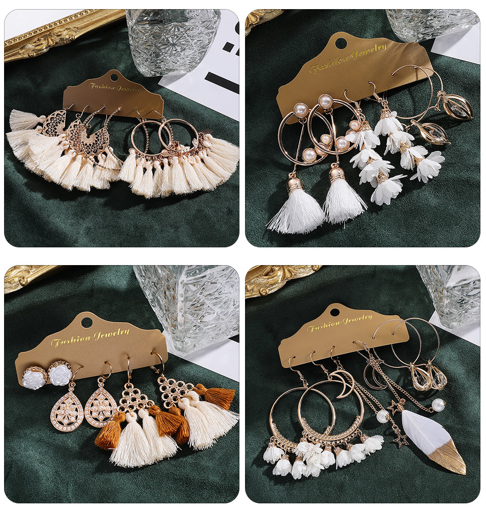 Big Round Beige White Tassel Earrings Set Ethnic Vintage Bohemian