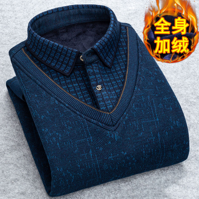 Man Fleece Shirt-collar Sweater Fashion Grid Solid Thicken Warm Sweater