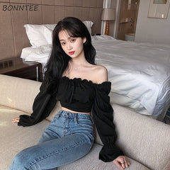 Blouses Women Black Puff Sleeve Sexy Ladies Lovely Trendy