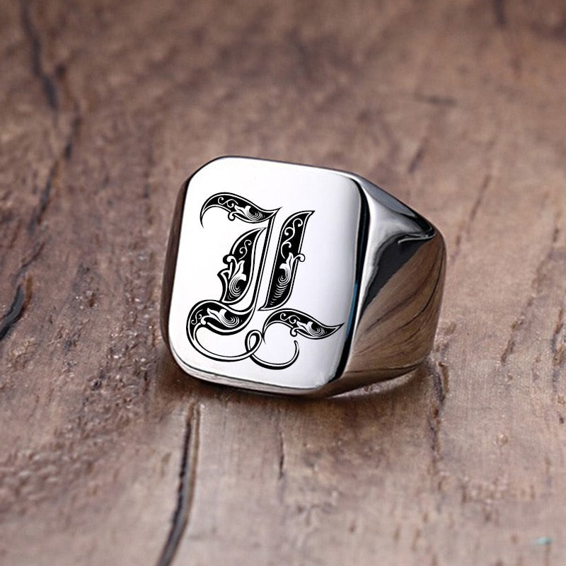 Retro Initials Signet Ring for Men 18mm Bulky Heavy Stamp Male Band Stainless Steel Letters Custom