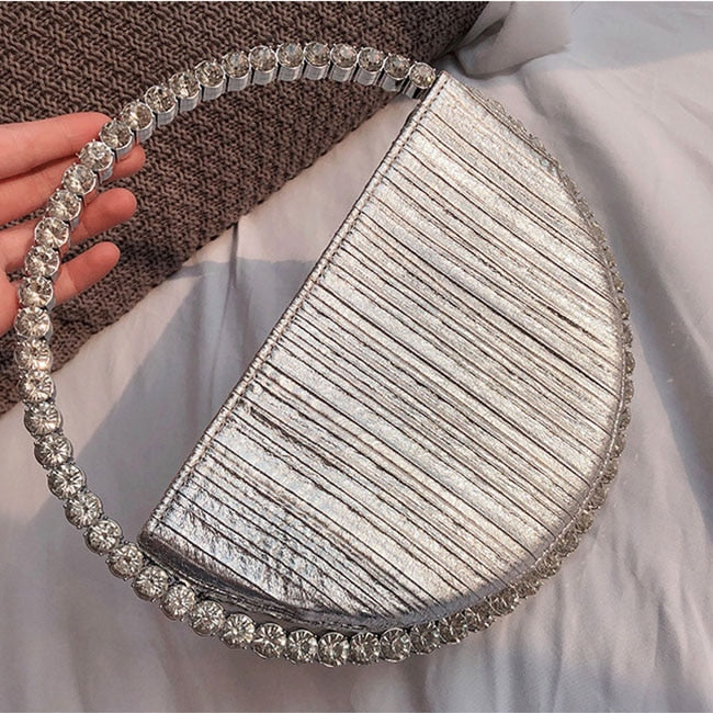 Rhinestone Circular Handle Evening Bag Designer Diamonds Round Red Clutch