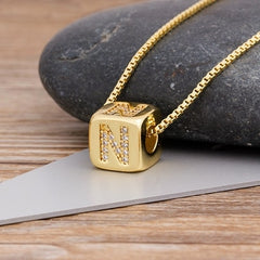 A-Z Initials Micro Pave Copper CZ Cube Letter Pendant Necklaces