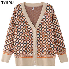 Knitting Sweater Color Matching Diamond Lattice Single-Breasted Loose Casual Knitted Cardigan