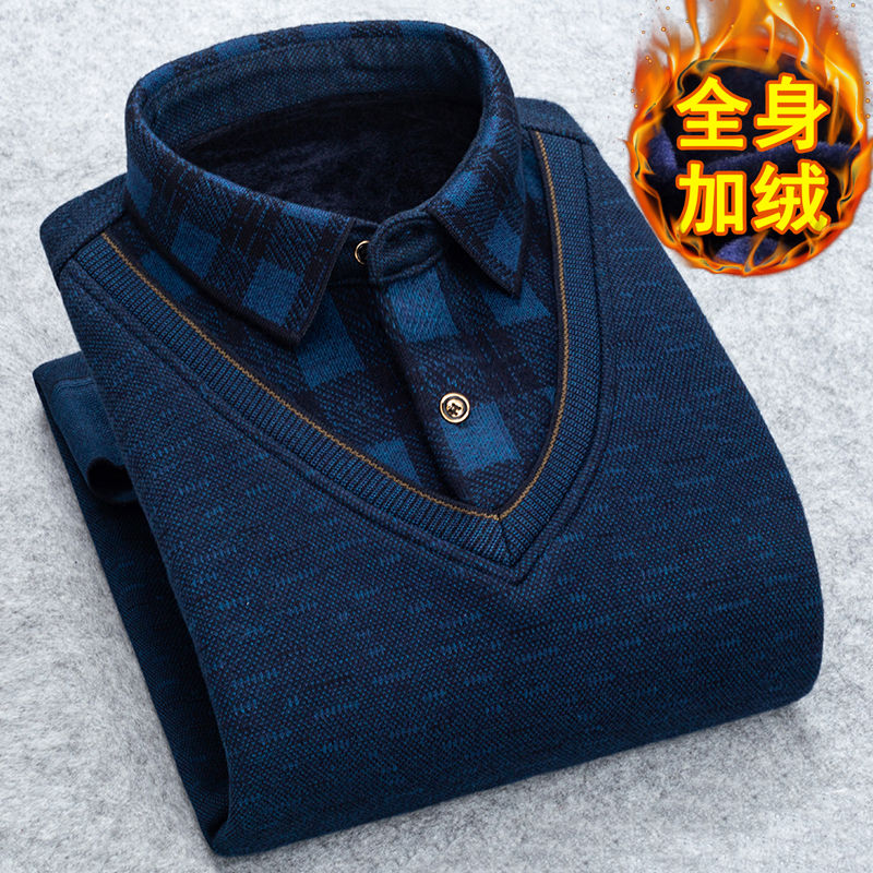 Man Fleece Shirt-collar Sweater Fashion Grid Solid Thicken Warm Sweater