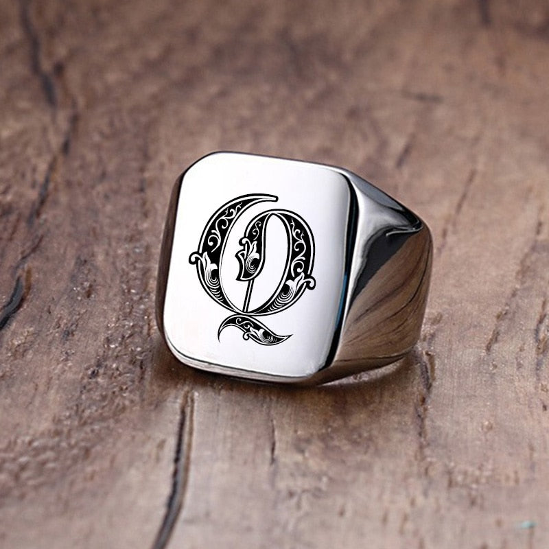 Retro Initials Signet Ring for Men 18mm Bulky Heavy Stamp Male Band Stainless Steel Letters Custom