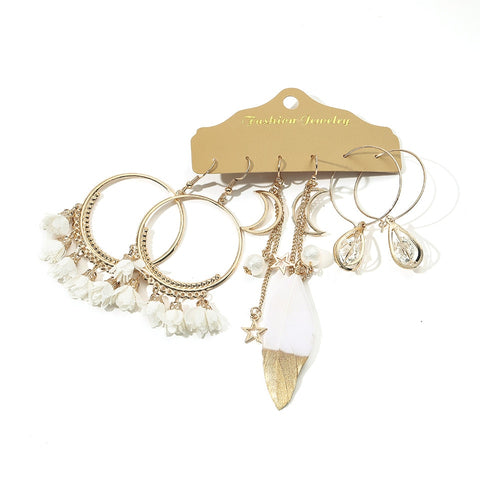 Big Round Beige White Tassel Earrings Set Ethnic Vintage Bohemian