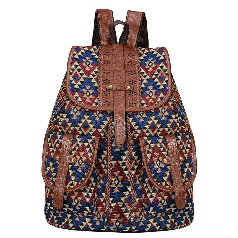 style backpack retro pattern canvas female bag fashion travel drawstring backpack