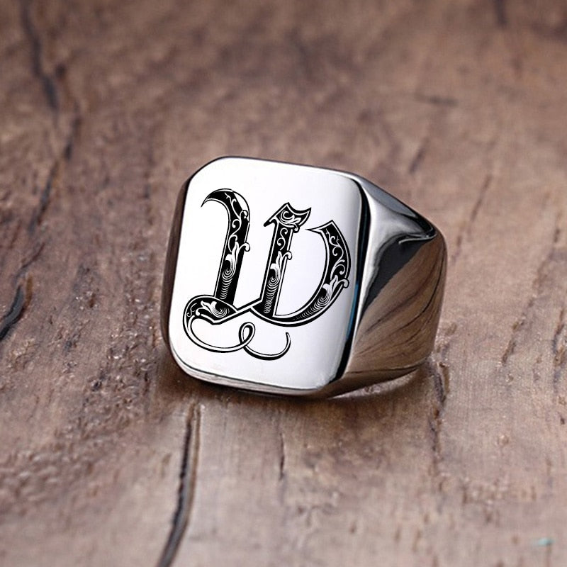 Retro Initials Signet Ring for Men 18mm Bulky Heavy Stamp Male Band Stainless Steel Letters Custom