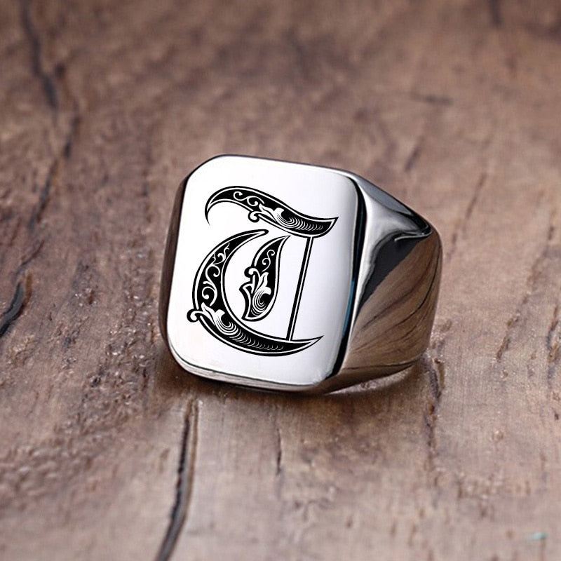 Retro Initials Signet Ring for Men 18mm Bulky Heavy Stamp Male Band Stainless Steel Letters Custom