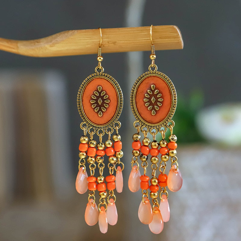 Bohemian Antique Gold Plated Long Water Drop Tassel Earrings