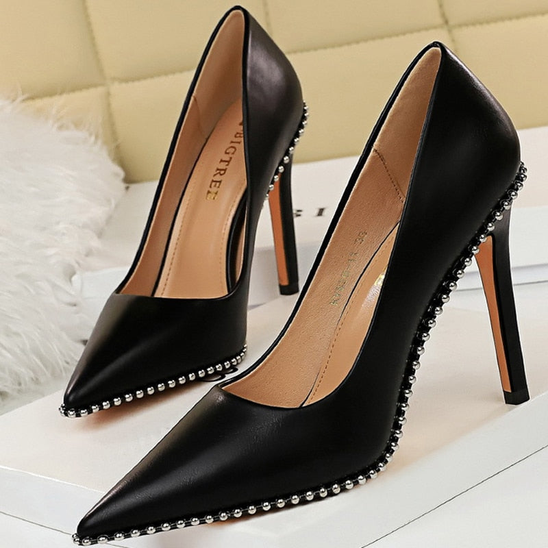 Shoes Rivet Woman Pumps High Heels Stiletto Pu Leather