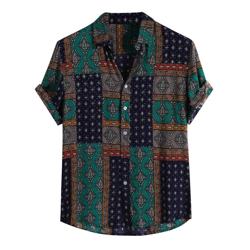 Men Shirt Ethnic Printed Shirts Summer Retro Vintage Streetwear Short Sleeves