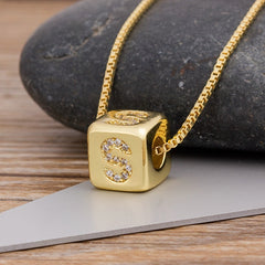 A-Z Initials Micro Pave Copper CZ Cube Letter Pendant Necklaces