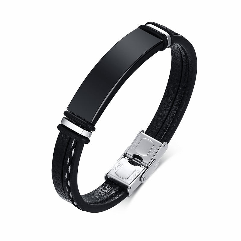 Multi Layer Leather Bracelets for Men Customizable Engraving Stainless Steel Casual