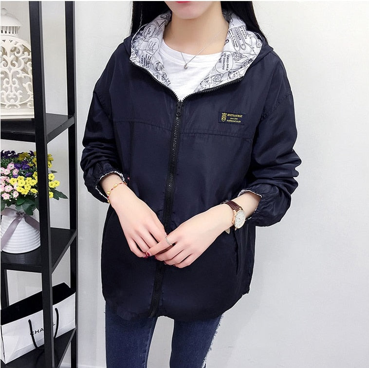 Women Jacket Spring Pocket Zipper Hooded Two Side Wear Outwear