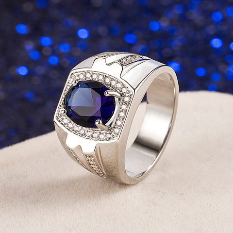 Vintage 925 Silver Men Ring Round Sapphire Gemstone