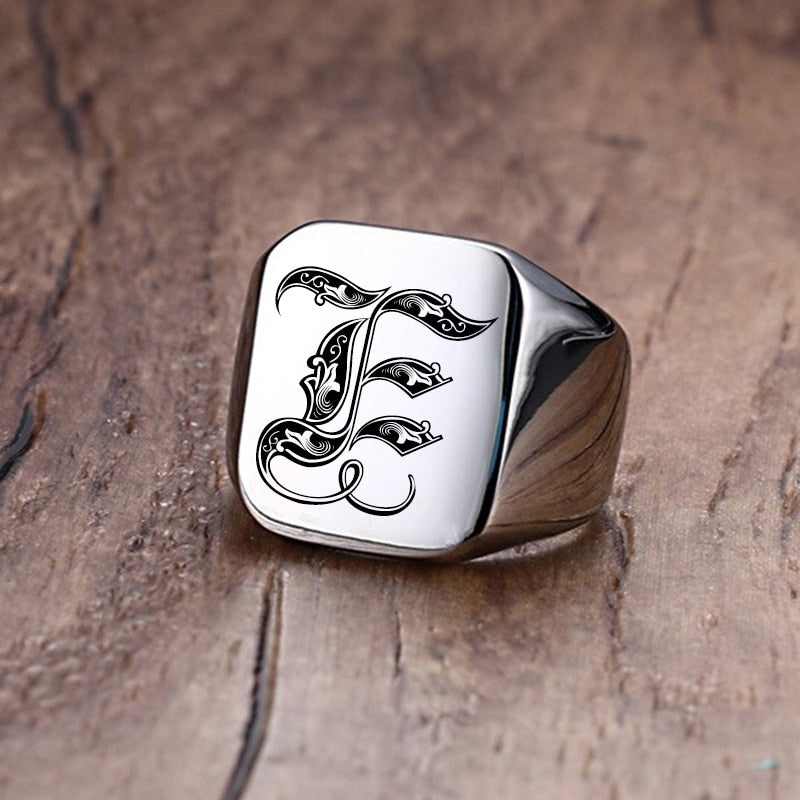 Retro Initials Signet Ring for Men 18mm Bulky Heavy Stamp Male Band Stainless Steel Letters Custom