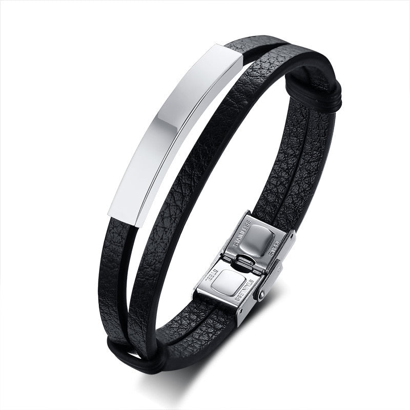 Multi Layer Leather Bracelets for Men Customizable Engraving Stainless Steel Casual