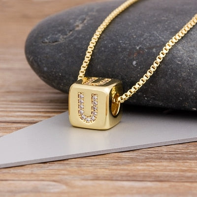 A-Z Initials Micro Pave Copper CZ Cube Letter Pendant Necklaces