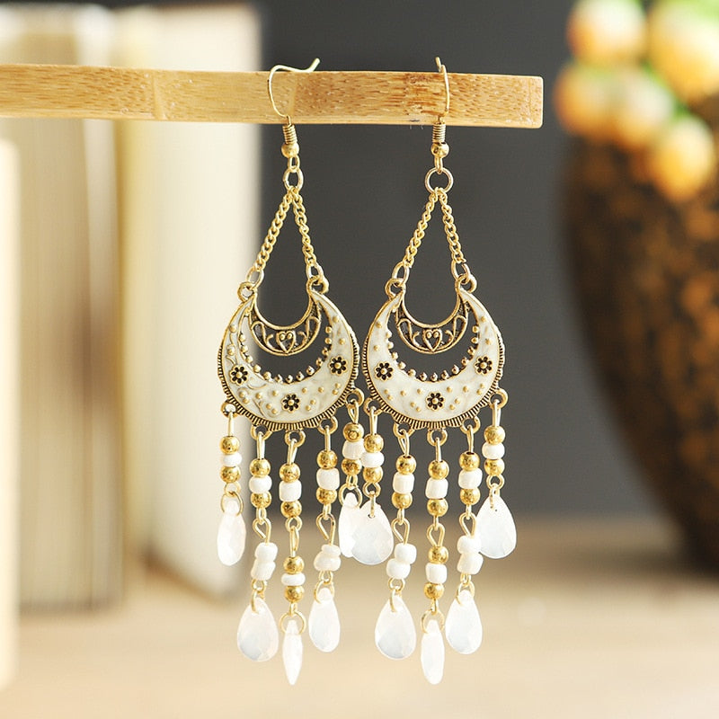 Bohemian Antique Gold Plated Long Water Drop Tassel Earrings