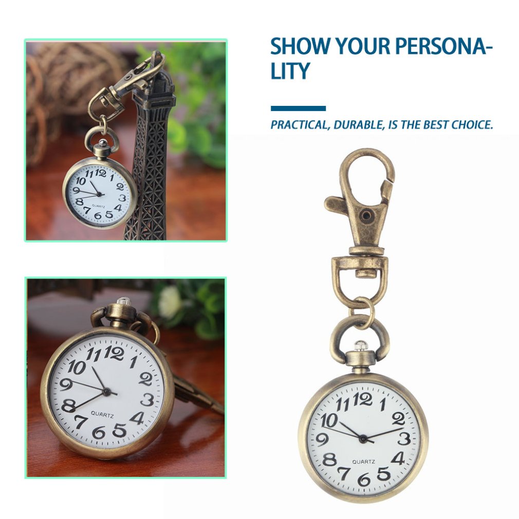 1pcs Retro Bronze Quartz Vintage Pocket Watch Keychain