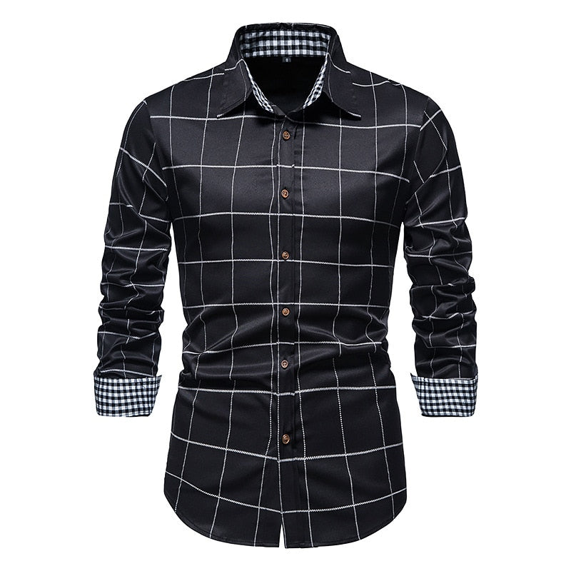 Plaid Patchwork Formal Shirts for Men Slim Long Sleeve White Button Up Shirt Dress